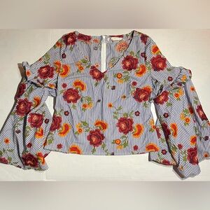 Boston Proper Poplin Striped Floral Embroidered Bell Sleeve Blouse Sz 8‎ Peasant